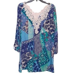 entro Patchwork Dress Size S Cotton Lace Trim V Neck Bell Sleeves Blue Green